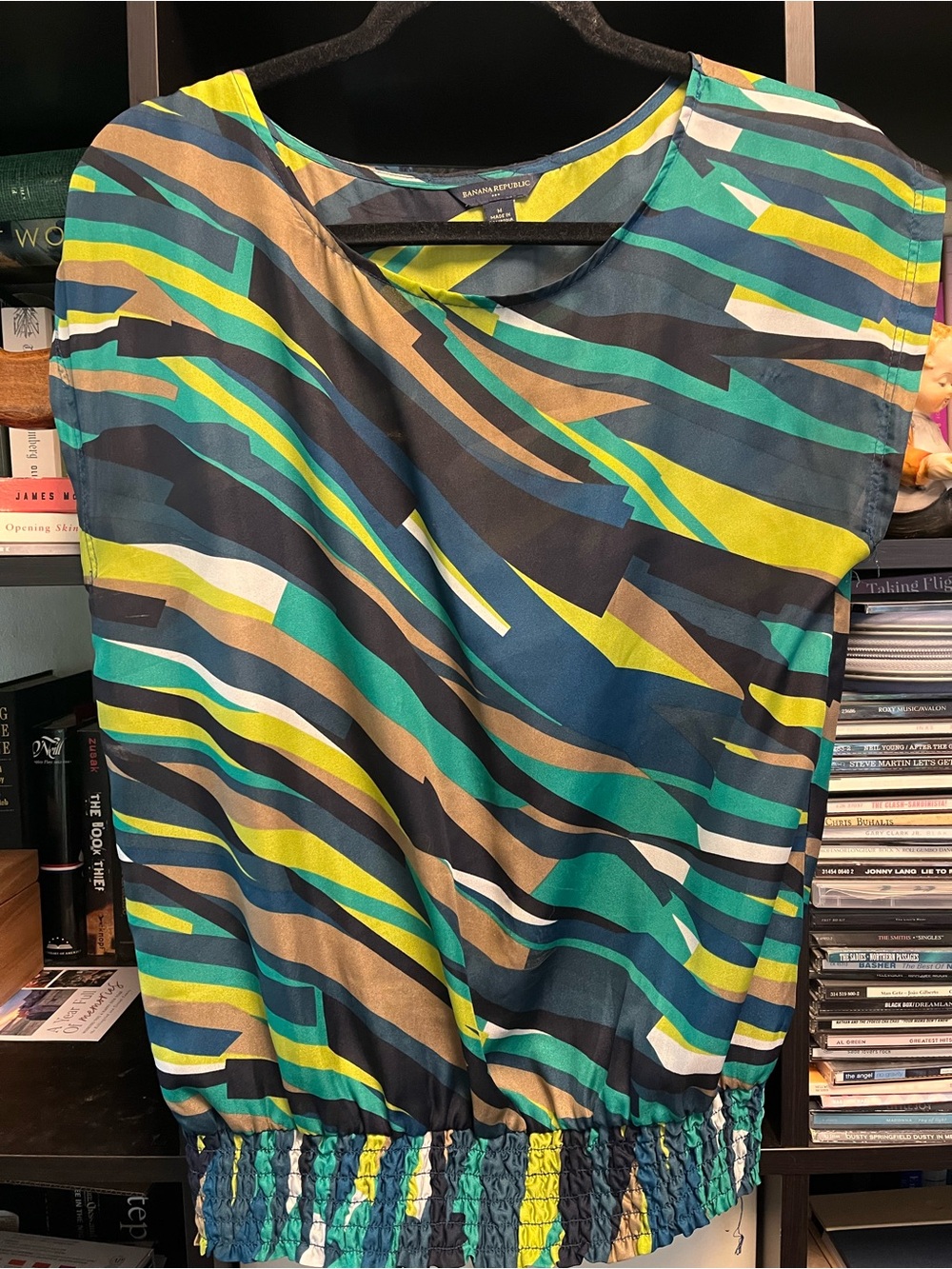 Banana Republic Abstract Stripe Cap-Sleeve Top in Green, Teal & Navy